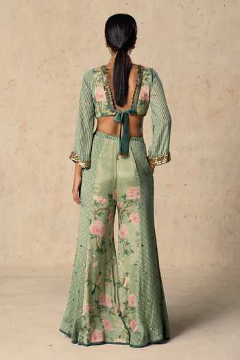 Shop_Basil Leaf_Green Chiffon V-neck Meadow Grace Printed Top And Pant Set _at_Aza_Fashions