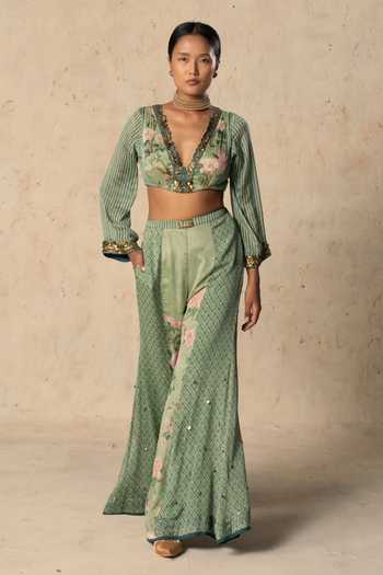 Basil Leaf_Green Chiffon V-neck Meadow Grace Printed Top And Pant Set _at_Aza_Fashions