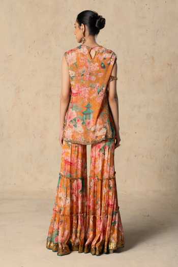 Shop_Basil Leaf_Orange Chiffon Round Neck Tangerine Printed Tunic And Sharara Set _at_Aza_Fashions