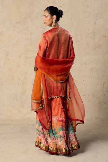 Shop_Basil Leaf_Orange Tissue, Chiffon, Organza Round Neck Flame Embroidered Kurta Sharara Set _at_Aza_Fashions