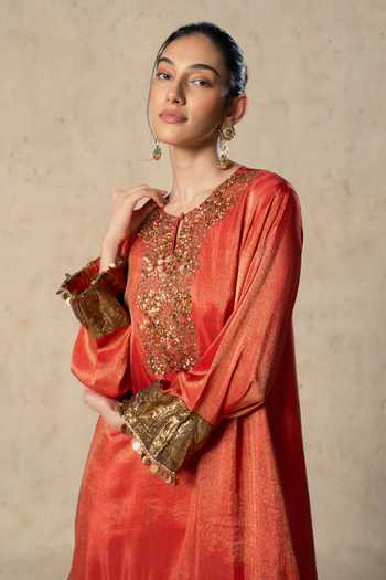 Basil Leaf_Orange Tissue, Chiffon, Organza Round Neck Flame Embroidered Kurta Sharara Set _Online_at_Aza_Fashions