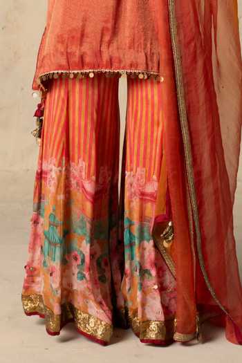 Buy_Basil Leaf_Orange Tissue, Chiffon, Organza Round Neck Flame Embroidered Kurta Sharara Set _Online_at_Aza_Fashions