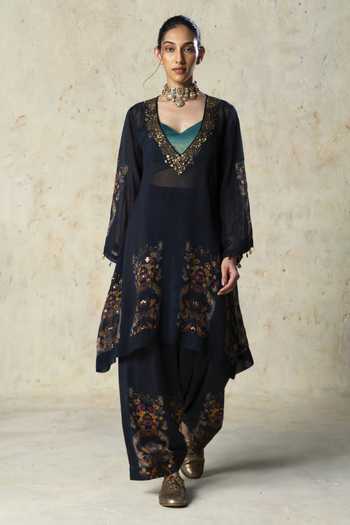 Buy_Basil Leaf_Green Tissue, Linen, Satin, Organza Sweetheart Neck, Printed Black Pant Set _at_Aza_Fashions