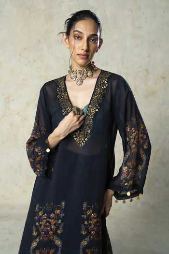 Buy_Basil Leaf_Green Tissue, Linen, Satin, Organza Sweetheart Neck, Printed Black Pant Set _Online_at_Aza_Fashions