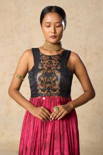 Basil Leaf_Pink Satin, Linen, Chiffon, Net Round Neck Embroidered Anarkali With Dupatta _Online_at_Aza_Fashions