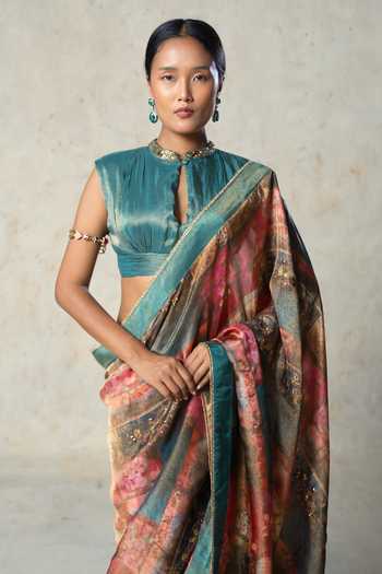 Basil Leaf_Green Tissue Mandarin Collar Printed Saree With Blouse _Online_at_Aza_Fashions