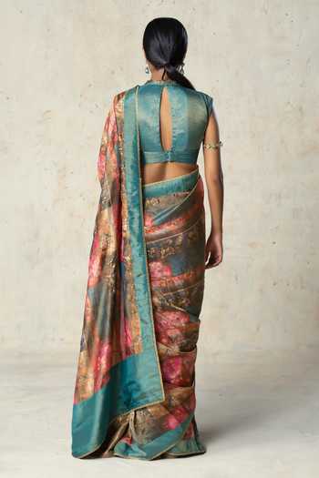Shop_Basil Leaf_Green Tissue Mandarin Collar Printed Saree With Blouse _at_Aza_Fashions