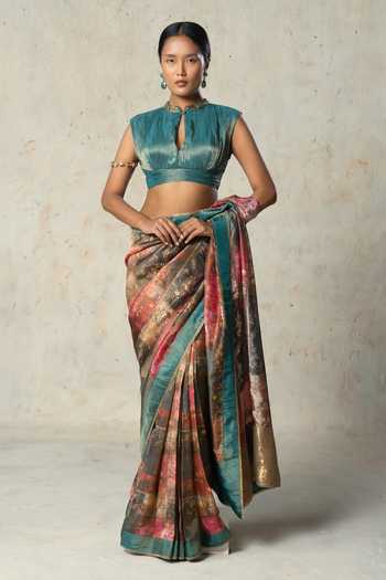 Buy_Basil Leaf_Green Tissue Mandarin Collar Printed Saree With Blouse _Online_at_Aza_Fashions