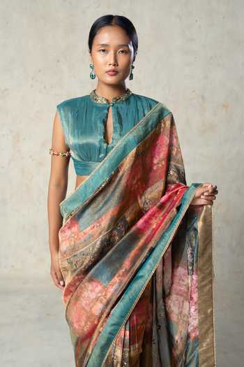 Shop_Basil Leaf_Green Tissue Mandarin Collar Printed Saree With Blouse _Online_at_Aza_Fashions