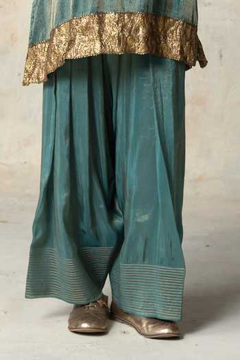 Basil Leaf_Green Tissue Round Neck, Yes Embroidered Kurta And Salwar Set _Online_at_Aza_Fashions