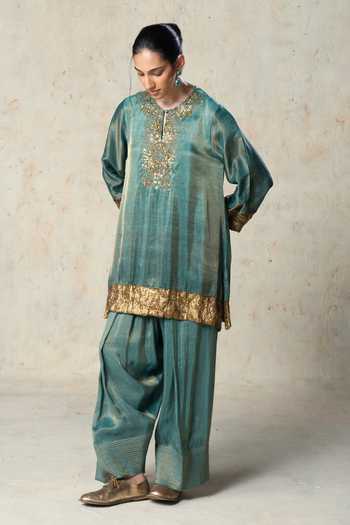 Buy_Basil Leaf_Green Tissue Round Neck, Yes Embroidered Kurta And Salwar Set _Online_at_Aza_Fashions