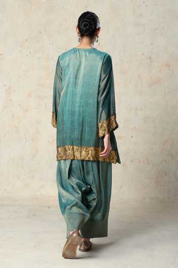 Shop_Basil Leaf_Green Tissue Round Neck, Yes Embroidered Kurta And Salwar Set _at_Aza_Fashions