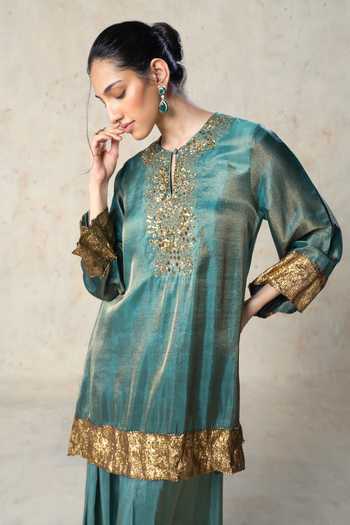 Shop_Basil Leaf_Green Tissue Round Neck, Yes Embroidered Kurta And Salwar Set _Online_at_Aza_Fashions