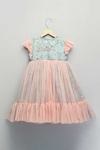 Shop_The Little Tales_Green Cotton, Organza, Net, Poplin Bird Print Dress _Online_at_Aza_Fashions