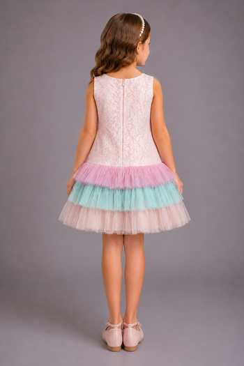 Shop_The Little Tales_Pink Silk, Cotton, Net Embroidered Ruffle Dress _at_Aza_Fashions