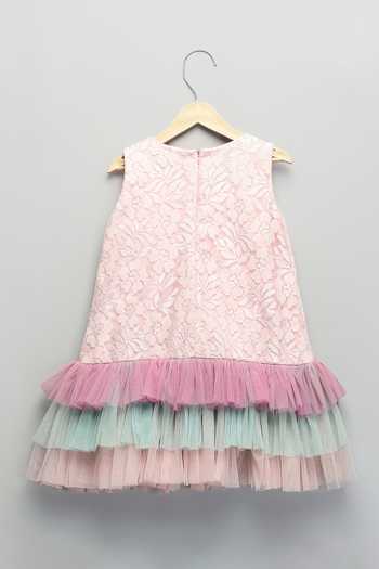 The Little Tales_Pink Silk, Cotton, Net Embroidered Ruffle Dress _Online