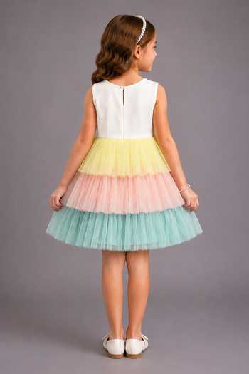 Shop_The Little Tales_Multi Color Net, Scuba Tiered Ruffle Layered Dress _at_Aza_Fashions