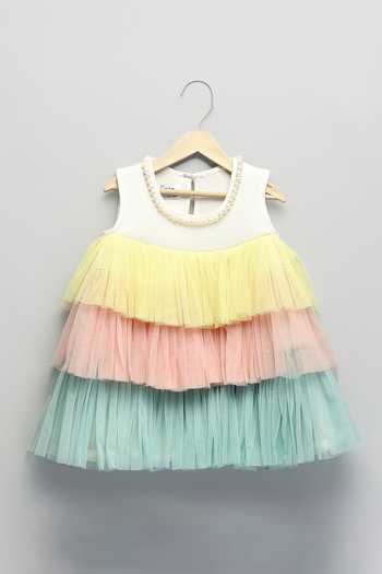 Buy_The Little Tales_Multi Color Net, Scuba Tiered Ruffle Layered Dress _Online_at_Aza_Fashions