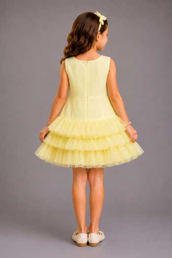 Shop_The Little Tales_Yellow Silk, Cotton, Organza, Net 3d Flower Applique Work Dress _at_Aza_Fashions