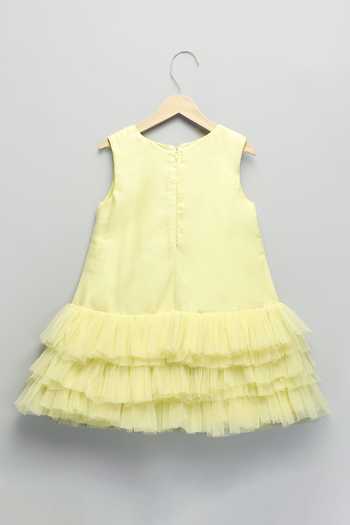 The Little Tales_Yellow Silk, Cotton, Organza, Net 3d Flower Applique Work Dress _Online_at_Aza_Fashions