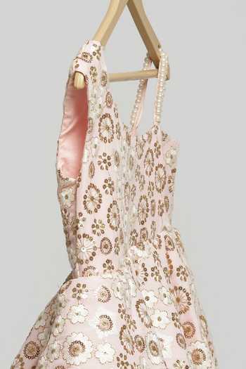 The Little Tales_Pink Silk, Net Embroidered Ruffle Dress _at_Aza_Fashions