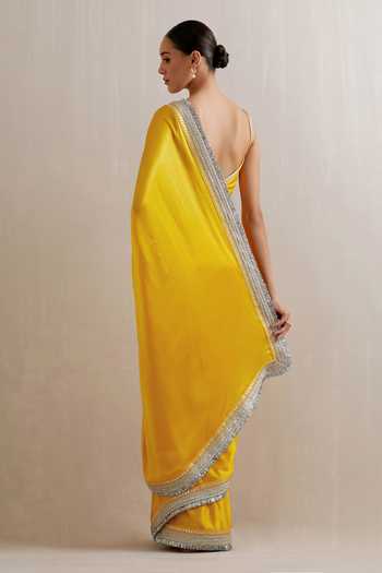 Shop_Priyal Prakash_Yellow Silk Satin, Polyester Placement Border Embroidered Saree With Blouse _at_Aza_Fashions