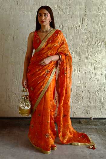 Buy_Shorshe Clothing_Orange Silk, , Silk, Tissue Floral Embroidered Saree _at_Aza_Fashions