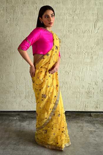 Shop_Shorshe Clothing_Yellow , Silk, Tissue Floral Embroidered Saree _at_Aza_Fashions