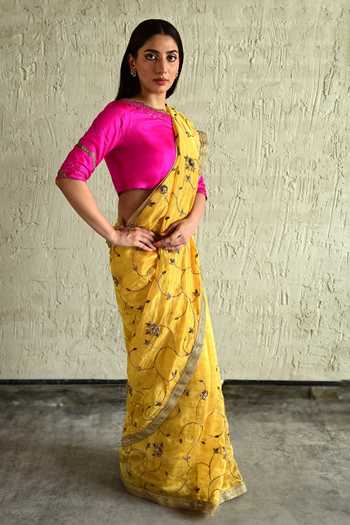 Shop_Shorshe Clothing_Yellow , Silk, Tissue Floral Embroidered Saree _Online_at_Aza_Fashions