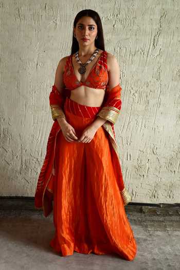 Buy_Shorshe Clothing_Orange Silk, Organza, Georgette, Chanderi, Hand Embroidered Blouse And Sharara Set _at_Aza_Fashions
