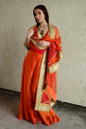 Shorshe Clothing_Orange Silk, Organza, Georgette, Chanderi, Hand Embroidered Blouse And Sharara Set _Online_at_Aza_Fashions