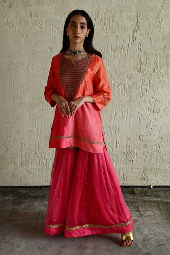 Shop_Shorshe Clothing_Pink Chanderi, Organza V-neck Embroidered Kurta And Sharara Set _at_Aza_Fashions