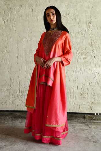 Shop_Shorshe Clothing_Pink Chanderi, Organza V-neck Embroidered Kurta And Sharara Set _Online_at_Aza_Fashions