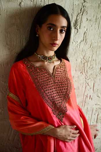Shorshe Clothing_Pink Chanderi, Organza V-neck Embroidered Kurta And Sharara Set _at_Aza_Fashions