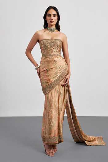 RI.Ritu Kumar_Gold Silk, Satin, Shantoon Embroidery, Sequins, Imran Embellished Draped Gown _Online_at_Aza_Fashions