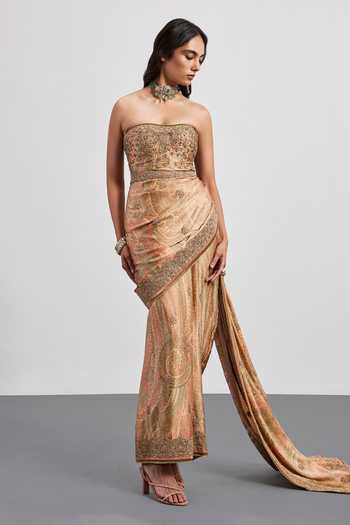 Buy_RI.Ritu Kumar_Gold Silk, Satin, Shantoon Embroidery, Sequins, Imran Embellished Draped Gown _Online_at_Aza_Fashions