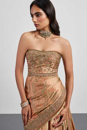 Buy_RI.Ritu Kumar_Gold Silk, Satin, Shantoon Embroidery, Sequins, Imran Embellished Draped Gown 
