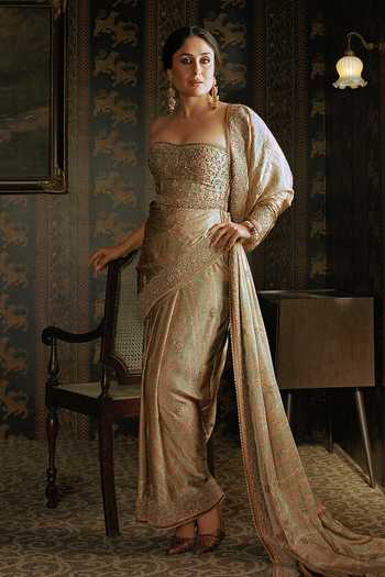Buy_RI.Ritu Kumar_Gold Silk, Satin, Shantoon Embroidery, Sequins, Imran Embellished Draped Gown _at_Aza_Fashions