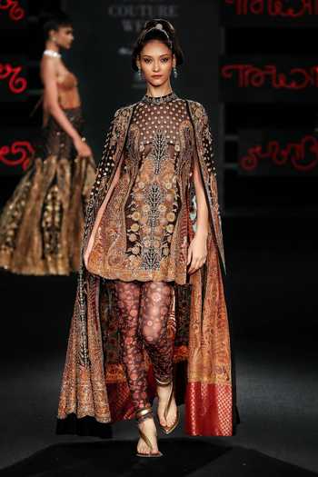 RI.Ritu Kumar_Black Silk High Neck Mehroz Embroidered Dress With Cape _Online_at_Aza_Fashions