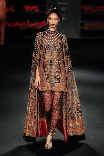 RI.Ritu Kumar_Black Silk High Neck Mehroz Embroidered Dress With Cape _at_Aza_Fashions