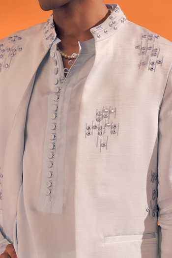 Buy_Philocaly_Off White Silk Satin Sutr Mirror Work Nehru Jacket And Kurta Set _Online_at_Aza_Fashions