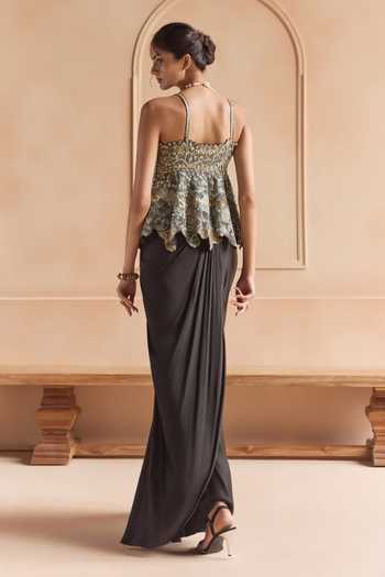 Shop_Osaa By Adarsh_Black Organza Sweetheart Neck Embroidered Top And Skirt Set _at_Aza_Fashions