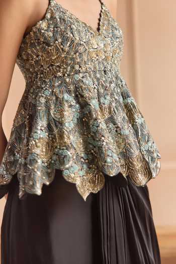 Buy_Osaa By Adarsh_Black Organza Sweetheart Neck Embroidered Top And Skirt Set _Online_at_Aza_Fashions