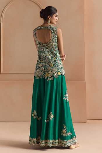 Shop_Osaa By Adarsh_Green Silk V-neck Embroidered Mulberry Jacket And Garara Set _at_Aza_Fashions