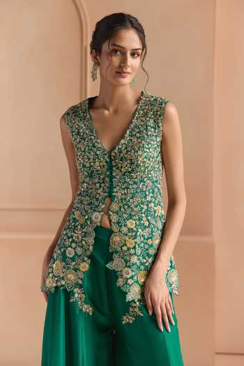 Osaa By Adarsh_Green Silk V-neck Embroidered Mulberry Jacket And Garara Set _Online_at_Aza_Fashions