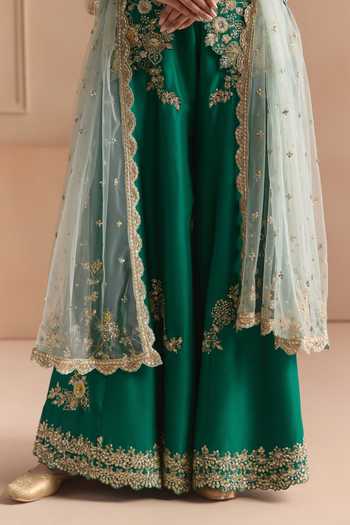 Buy_Osaa By Adarsh_Green Silk V-neck Embroidered Mulberry Jacket And Garara Set _Online_at_Aza_Fashions
