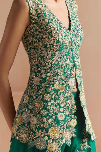 Osaa By Adarsh_Green Silk V-neck Embroidered Mulberry Jacket And Garara Set _at_Aza_Fashions