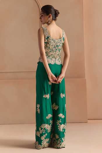 Shop_Osaa By Adarsh_Green Silk Sweetheart Neck Embroidered Blouse And Gharara Set _at_Aza_Fashions