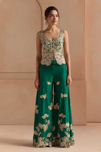 Buy_Osaa By Adarsh_Green Silk Sweetheart Neck Embroidered Blouse And Gharara Set _at_Aza_Fashions