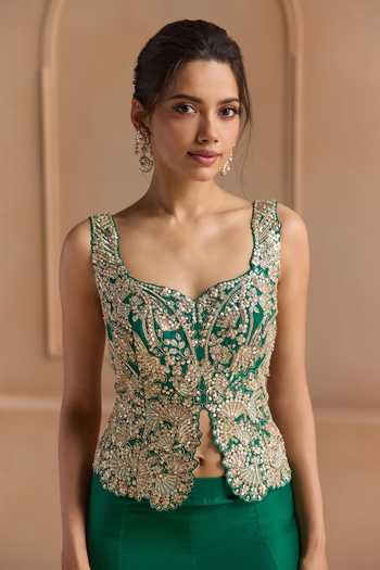 Shop_Osaa By Adarsh_Green Silk Sweetheart Neck Embroidered Blouse And Gharara Set _Online_at_Aza_Fashions